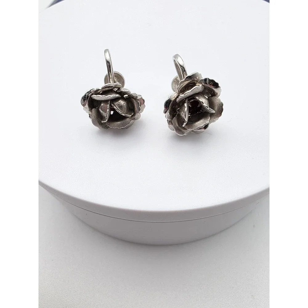 Vtg 80 Yr‎ Old PRESTIGE CORO Earrings Rose Flower Silver Tone Screwback Signed